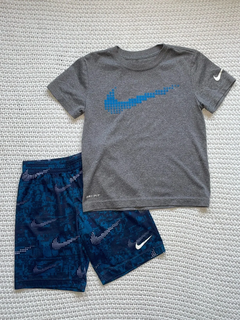 Nike Gray Tee with Blue Pixel Swoosh & Navy Patterned Shorts